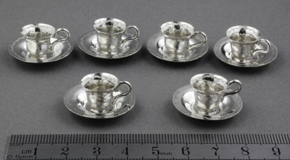 19th Century Antique Dutch Miniature Silver  Teacup and Saucer Set (6 of each)